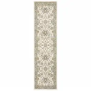 Photo of Stone Grey Ivory Green Brown Teal And Light Blue Oriental Power Loom Stain Resistant Runner Rug