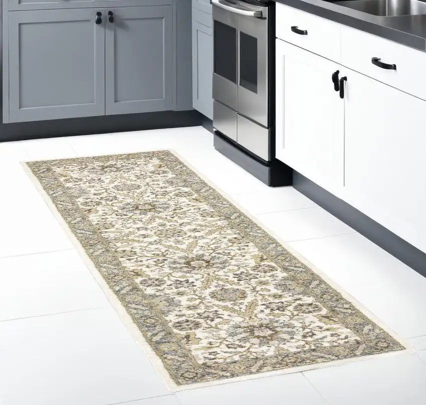 Gray and Ivory Oriental Power Loom Runner Rug Photo 1