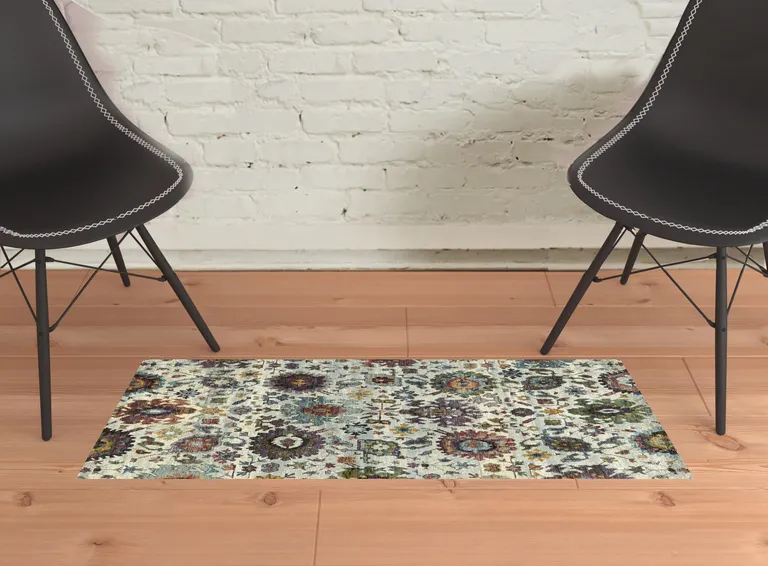 Stone Grey Purple Green Gold And Teal Oriental Power Loom Stain Resistant Area Rug Photo 4