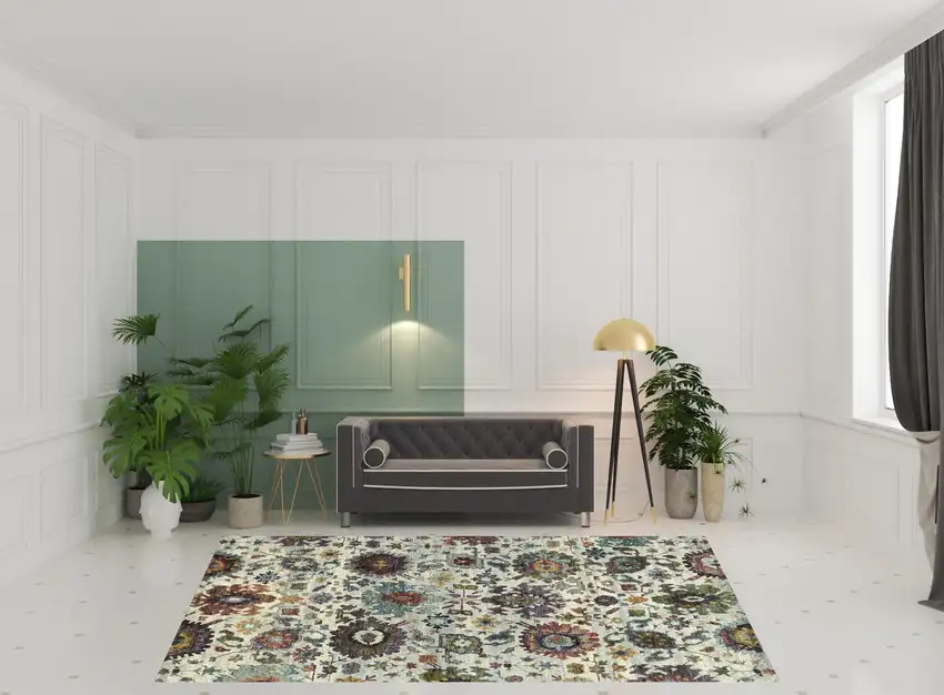 Stone Grey Purple Green Gold And Teal Oriental Power Loom Stain Resistant Area Rug Photo 4