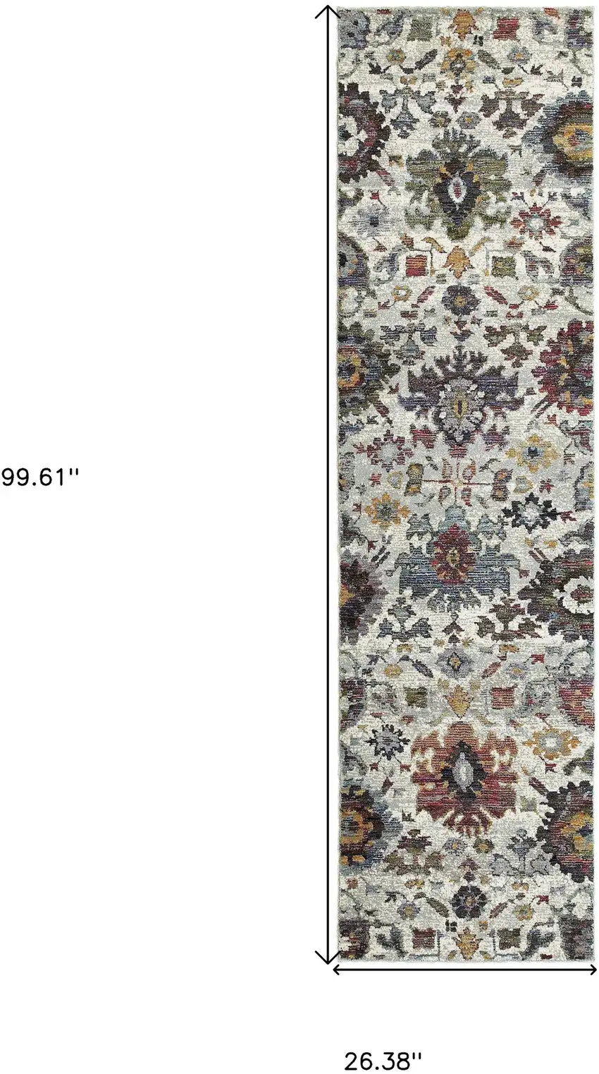 Stone Grey Purple Green Gold And Teal Oriental Power Loom Stain Resistant Runner Rug Photo 6
