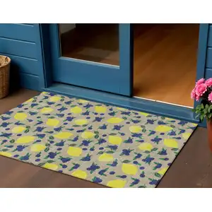Photo of Stone Yellow And Blue Lemons Washable Indoor Outdoor Area Rug