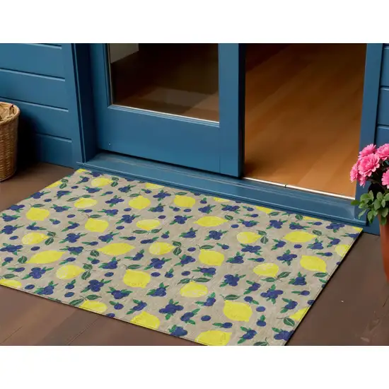 Stone Yellow And Blue Lemons Washable Indoor Outdoor Area Rug Photo 1