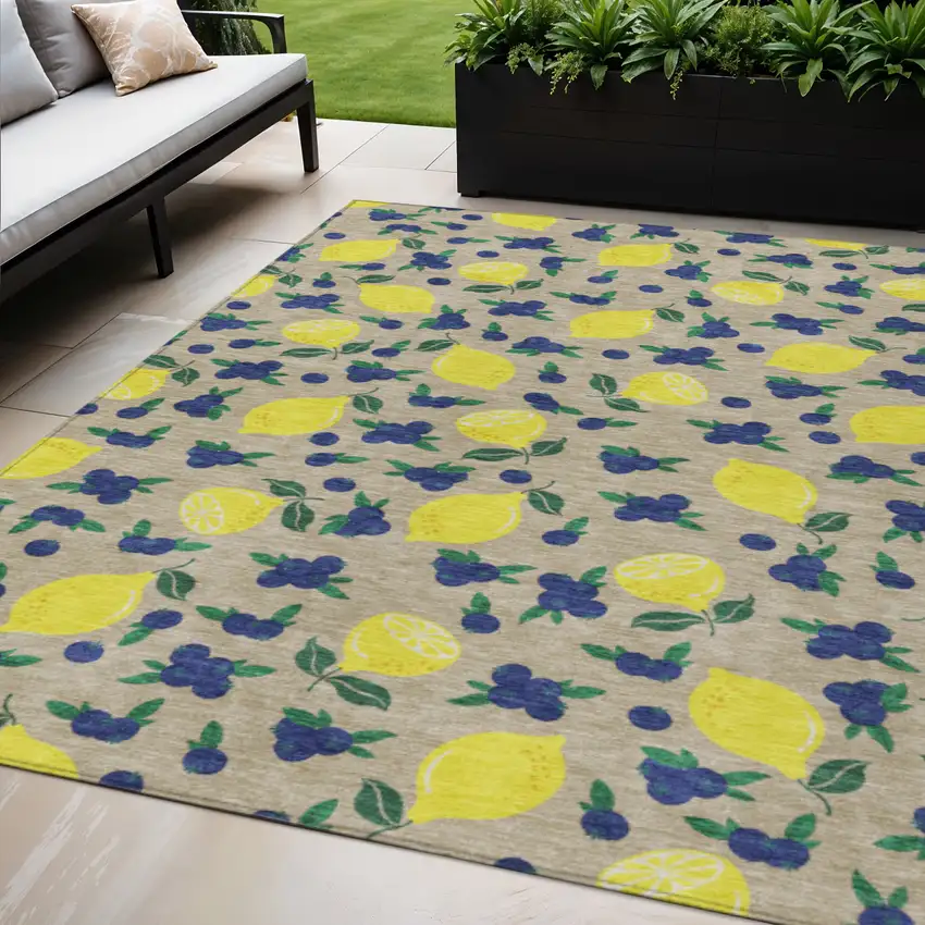 Stone Yellow And Blue Lemons Washable Indoor Outdoor Area Rug Photo 1