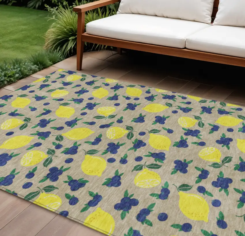 Stone Yellow And Blue Lemons Washable Indoor Outdoor Area Rug Photo 1