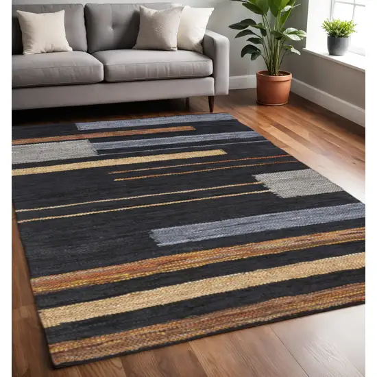 Navy Blue Black And Brown Striped Flatweave Handmade Area Rug Photo 1
