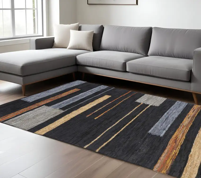 Navy Blue Black And Brown Striped Flatweave Handmade Area Rug Photo 1