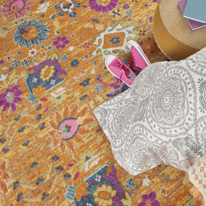 Blue And Orange Floral Distressed Area Rug Photo 9