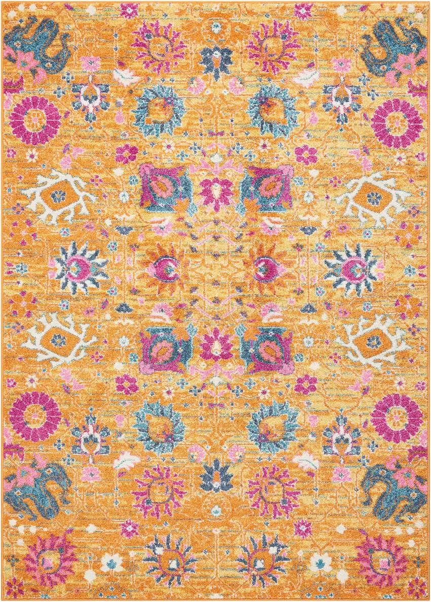 Blue And Orange Floral Distressed Area Rug Photo 1
