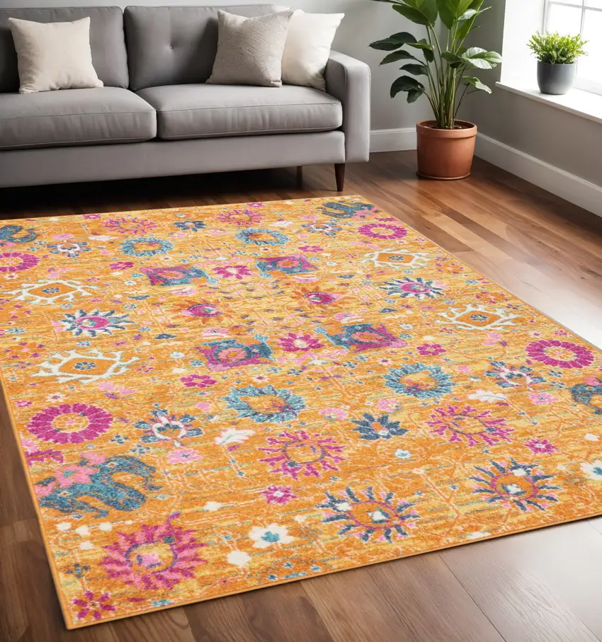Blue And Orange Floral Distressed Area Rug Photo 1