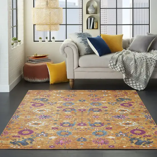 Blue And Orange Floral Distressed Area Rug Photo 6