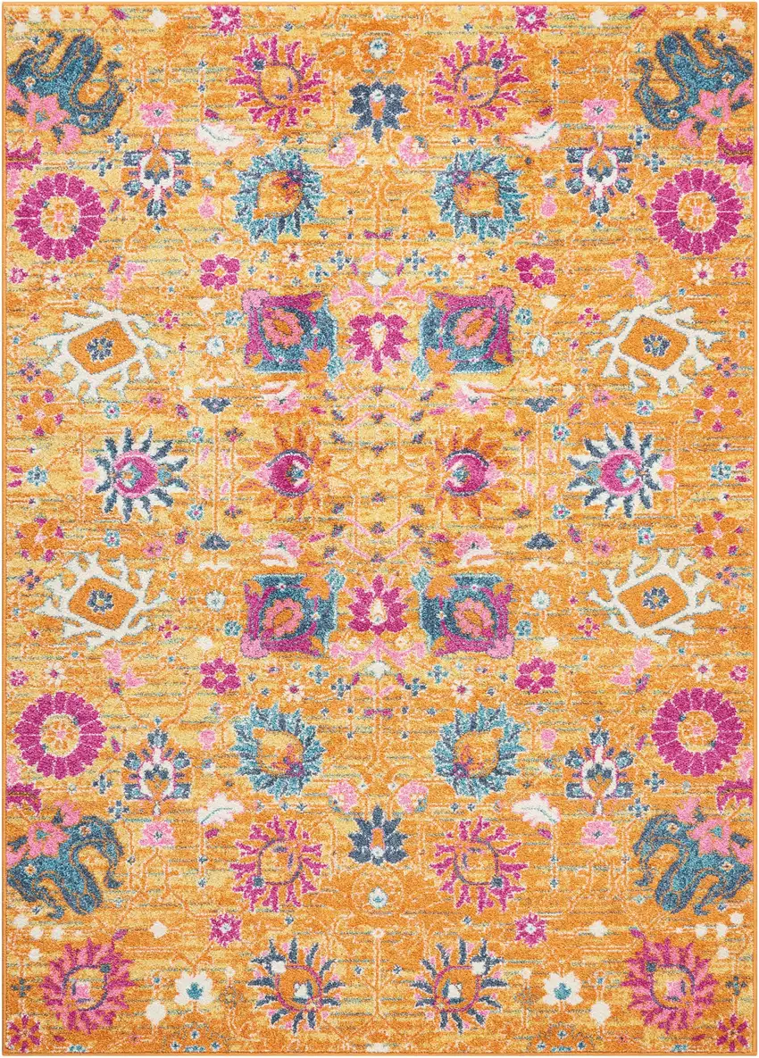 Blue And Orange Floral Distressed Area Rug Photo 3