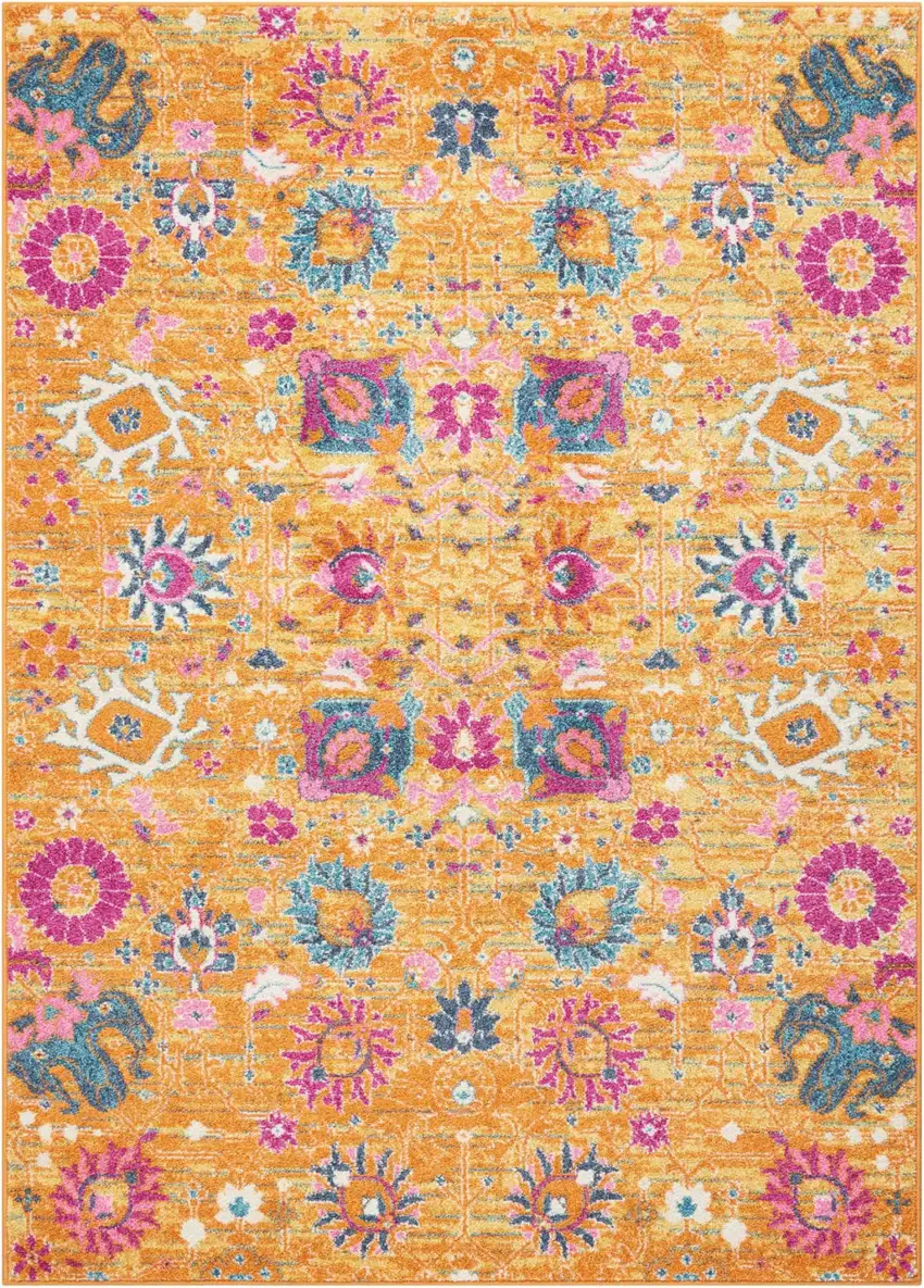 Blue And Orange Floral Distressed Area Rug Photo 7