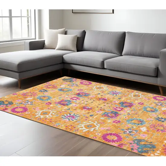 Blue And Orange Floral Distressed Area Rug Photo 2
