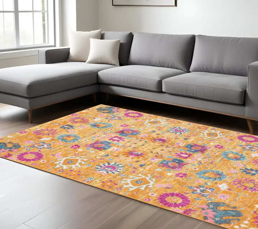 Blue And Orange Floral Distressed Area Rug Photo 2