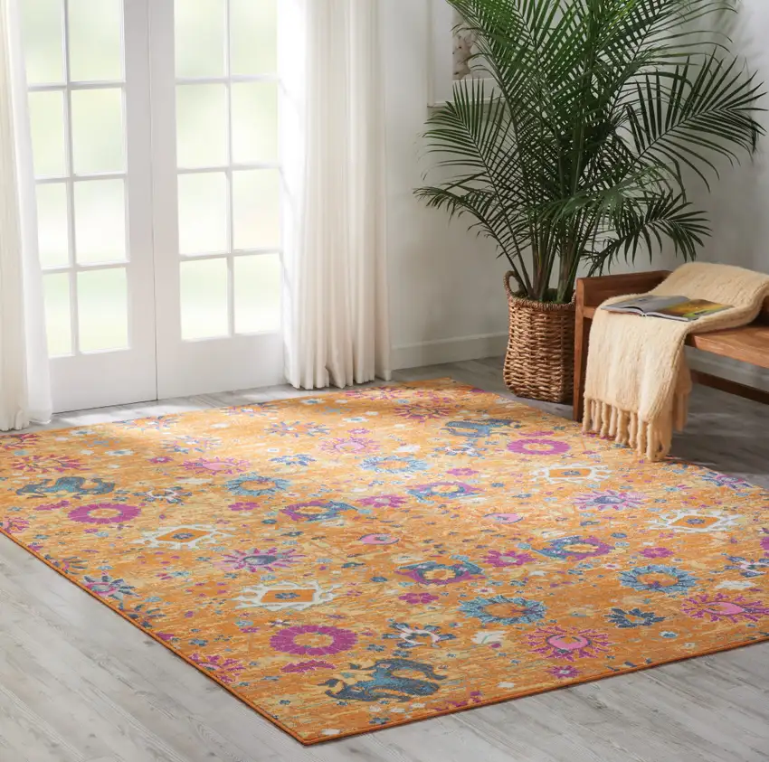 Blue And Orange Floral Distressed Area Rug Photo 7