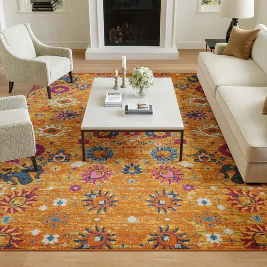 Blue And Orange Floral Distressed Area Rug Photo 4