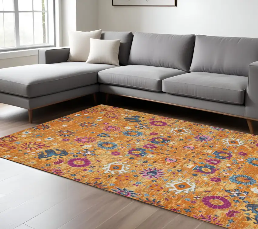 Blue And Orange Floral Distressed Area Rug Photo 2