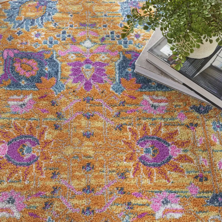 Blue And Orange Floral Distressed Area Rug Photo 9