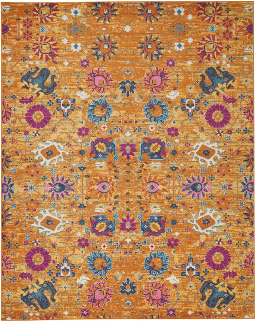 Blue And Orange Floral Distressed Area Rug Photo 7