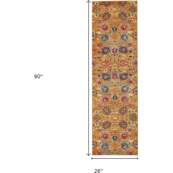 8' Blue And Orange Floral Distressed Runner Rug Photo 3