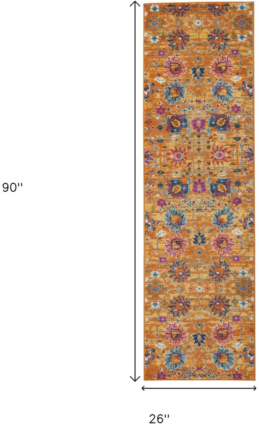 8' Blue And Orange Floral Distressed Runner Rug Photo 3