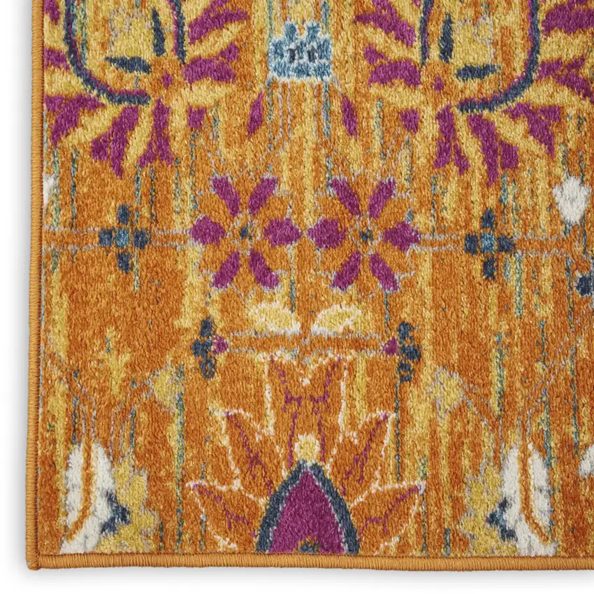 8' Blue And Orange Floral Distressed Runner Rug Photo 7
