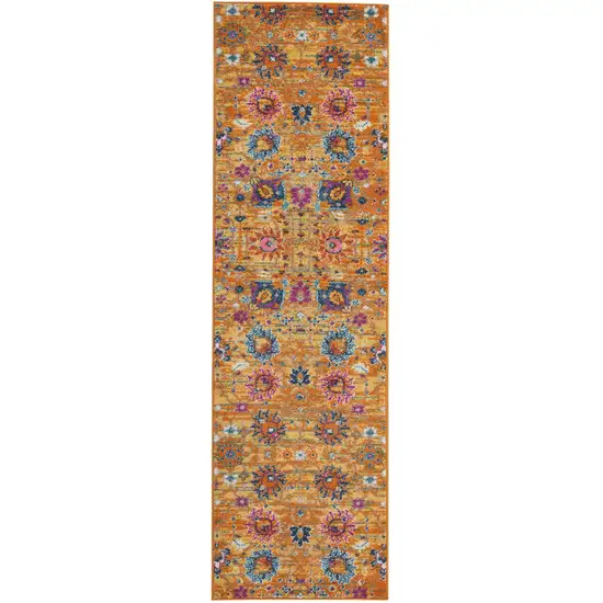 8' Blue And Orange Floral Distressed Runner Rug Photo 6