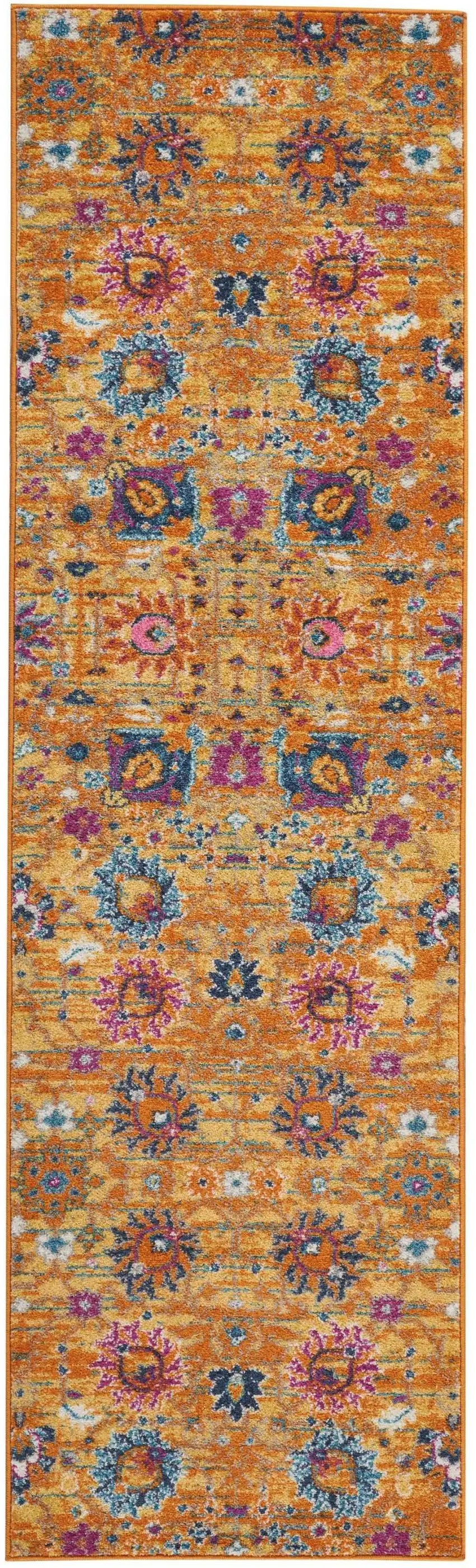 8' Blue And Orange Floral Distressed Runner Rug Photo 6