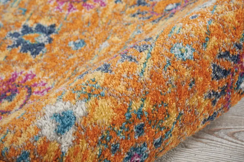 8' Blue And Orange Floral Distressed Runner Rug Photo 4