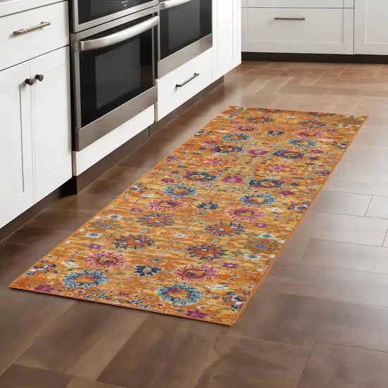 8' Blue And Orange Floral Distressed Runner Rug Photo 1
