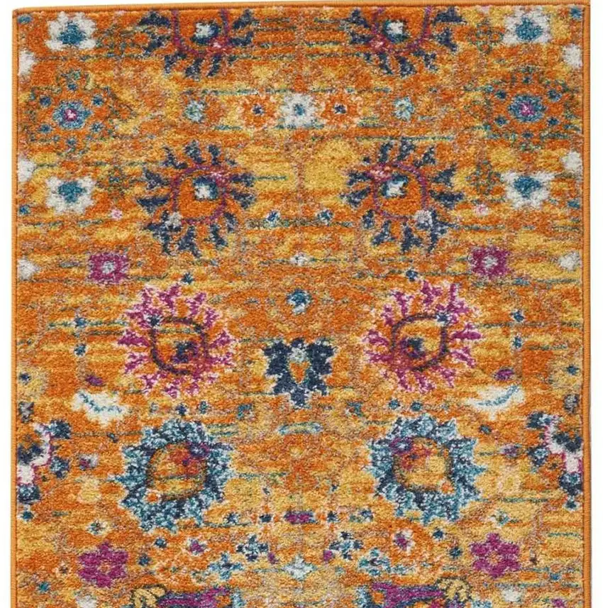 8' Blue And Orange Floral Distressed Runner Rug Photo 5