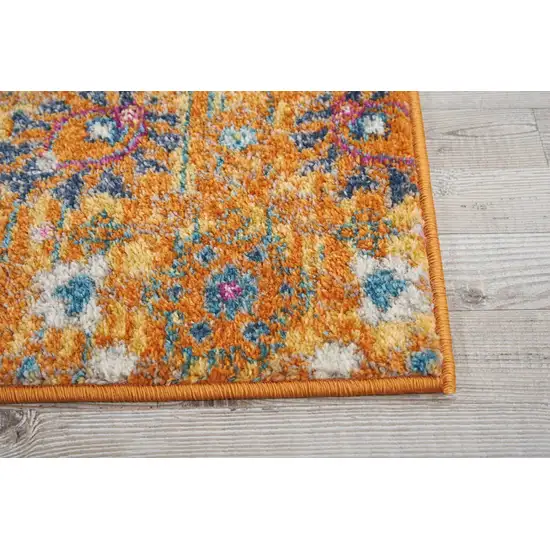 8' Blue And Orange Floral Distressed Runner Rug Photo 8