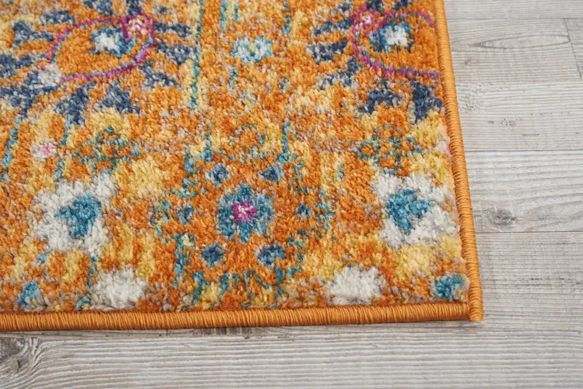 8' Blue And Orange Floral Distressed Runner Rug Photo 8