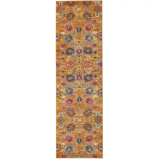 8' Blue And Orange Floral Distressed Runner Rug Photo 9