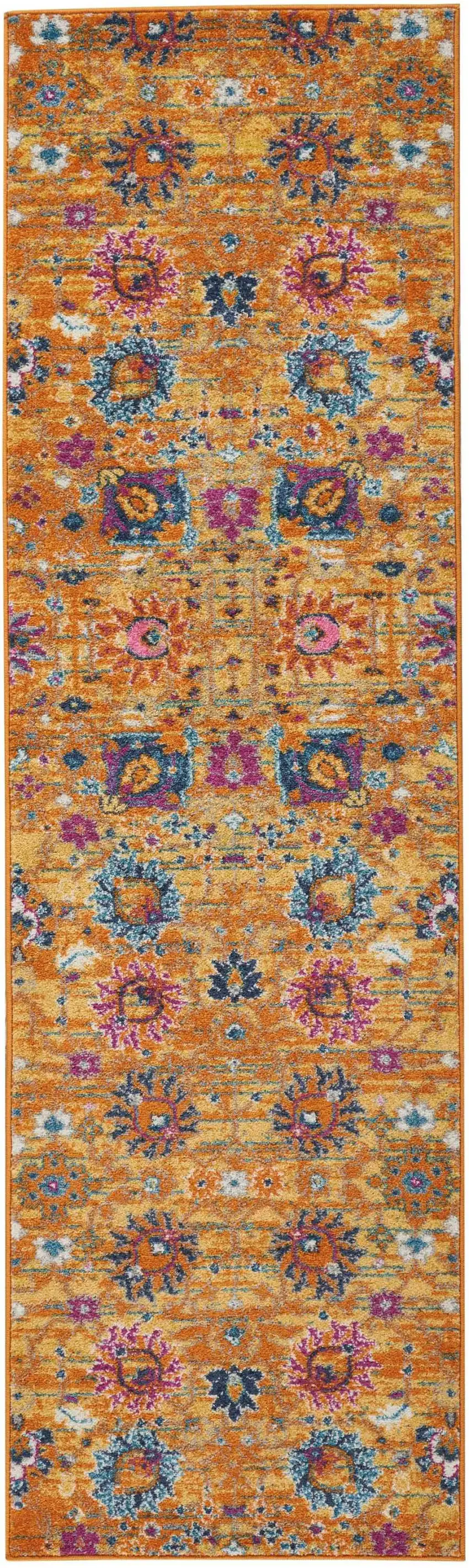 8' Blue And Orange Floral Distressed Runner Rug Photo 9