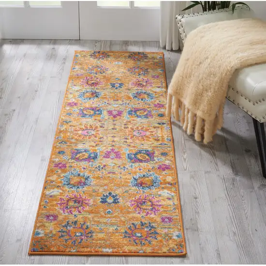 6' Blue And Orange Floral Distressed Runner Rug Photo 7
