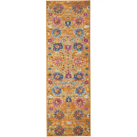 6' Blue And Orange Floral Distressed Runner Rug Photo 4