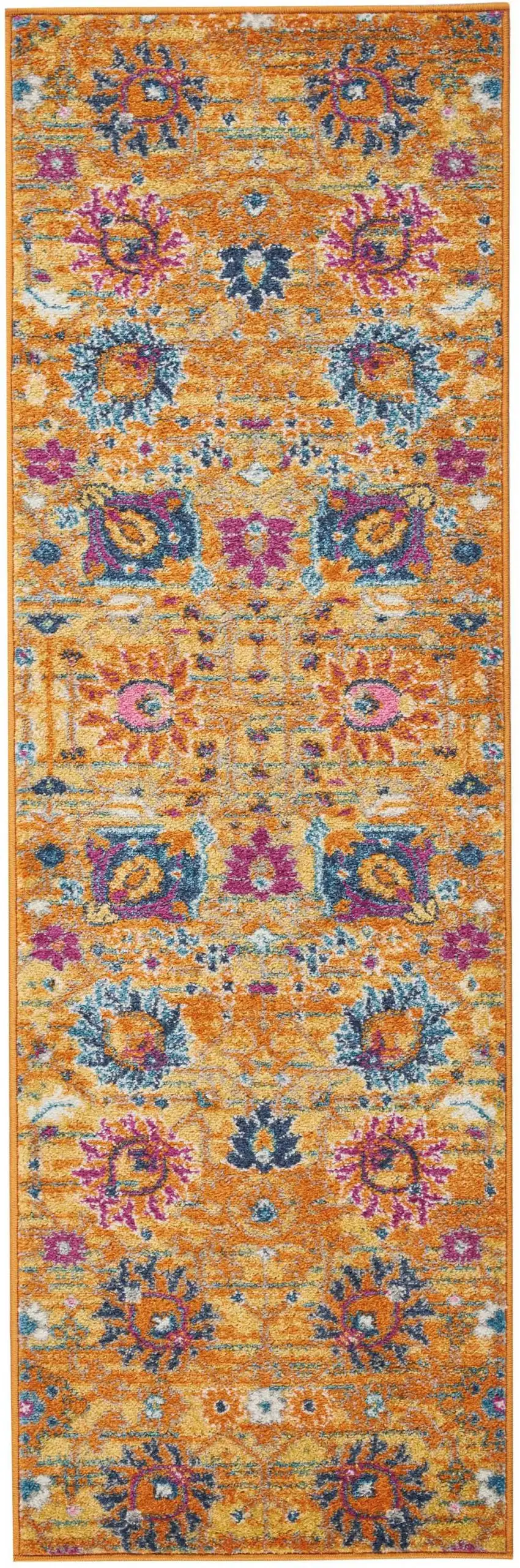 6' Blue And Orange Floral Distressed Runner Rug Photo 4