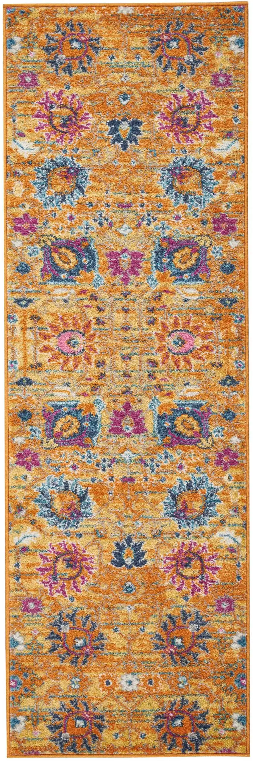 6' Blue And Orange Floral Distressed Runner Rug Photo 1
