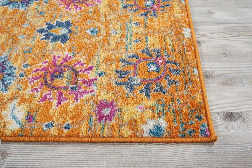 6' Blue And Orange Floral Distressed Runner Rug Photo 8
