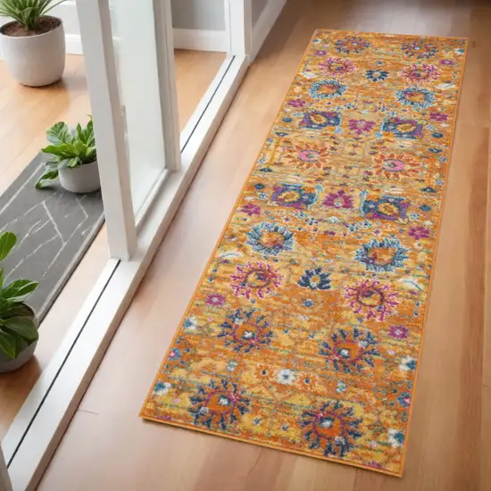 6' Blue And Orange Floral Distressed Runner Rug Photo 1