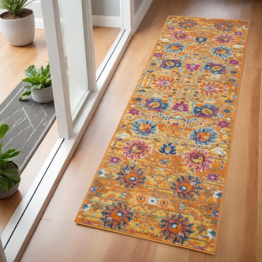 6' Blue And Orange Floral Distressed Runner Rug Photo 1