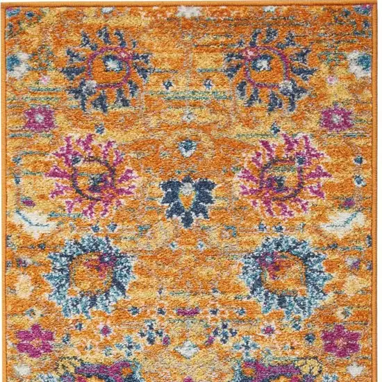 6' Blue And Orange Floral Distressed Runner Rug Photo 8