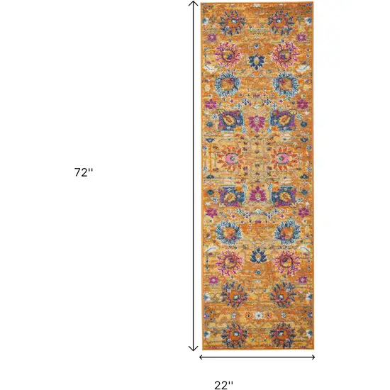 6' Blue And Orange Floral Distressed Runner Rug Photo 3