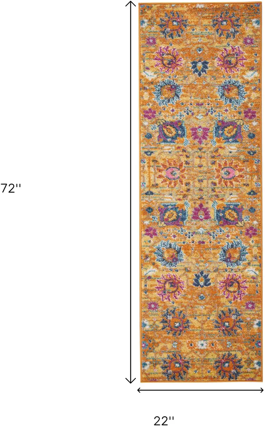 6' Blue And Orange Floral Distressed Runner Rug Photo 3