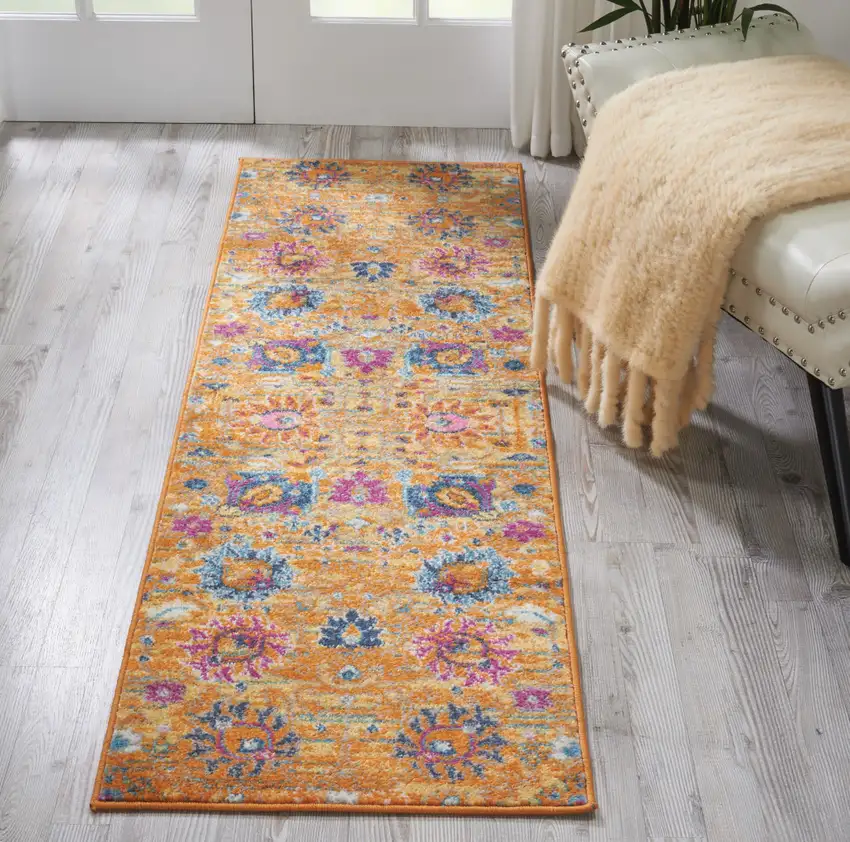 6' Blue And Orange Floral Distressed Runner Rug Photo 5