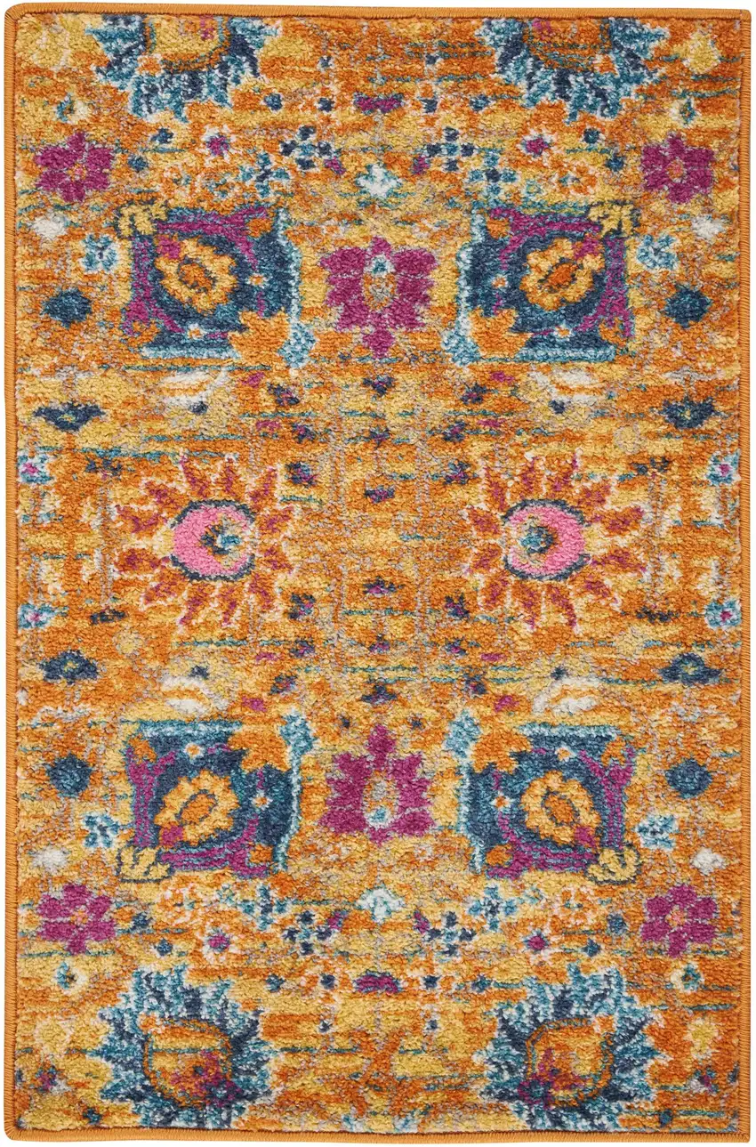 Blue And Orange Floral Distressed Area Rug Photo 5