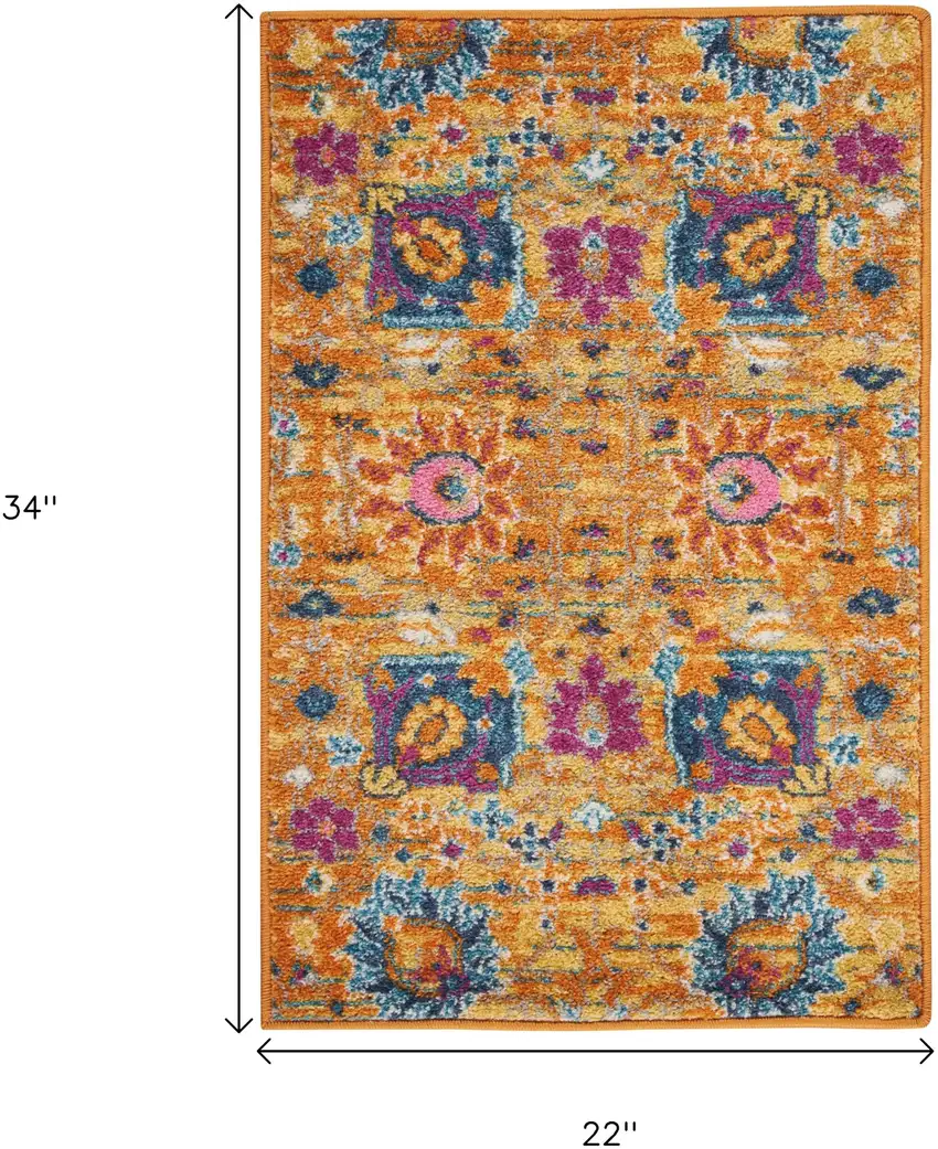 Blue And Orange Floral Distressed Area Rug Photo 9