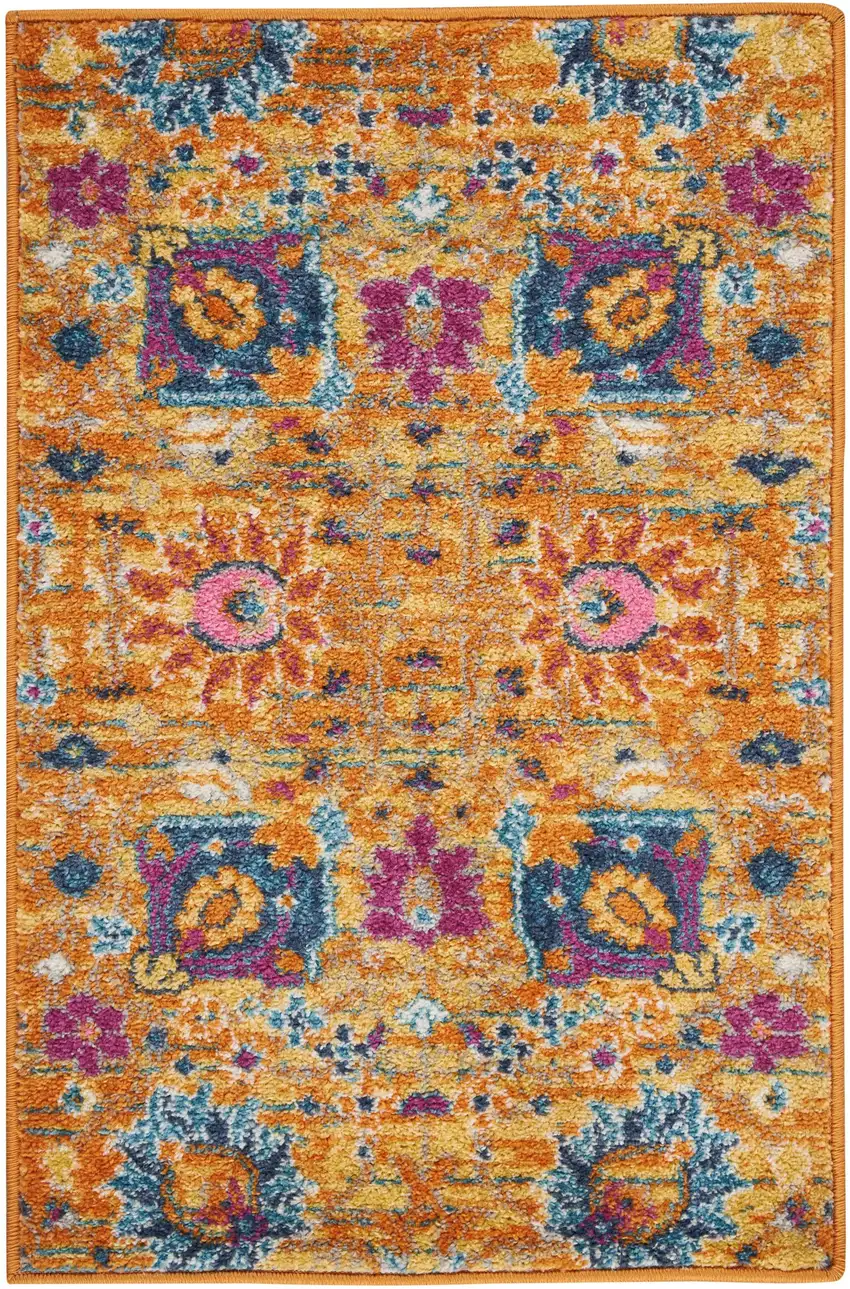 Blue And Orange Floral Distressed Area Rug Photo 9